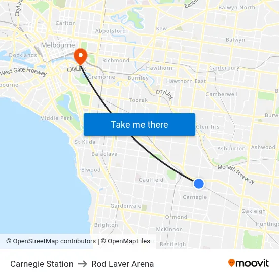 Carnegie Station to Rod Laver Arena map