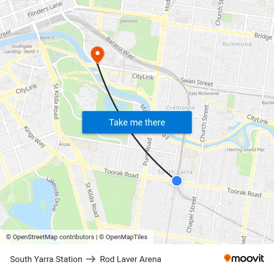 South Yarra Station to Rod Laver Arena map