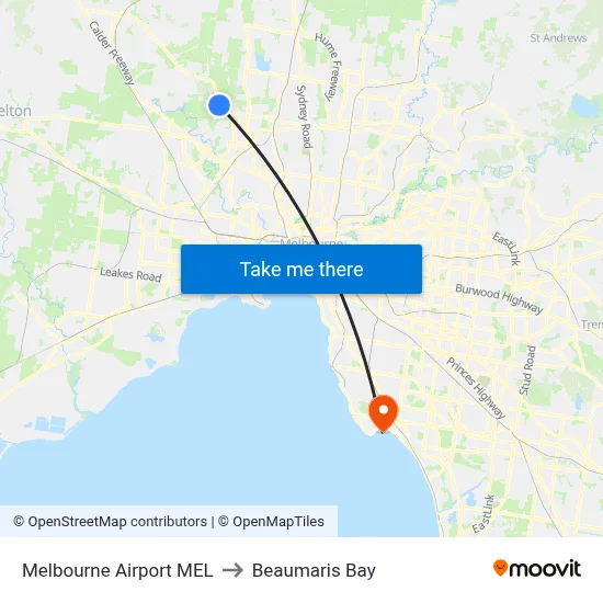 Melbourne Airport MEL to Beaumaris Bay map