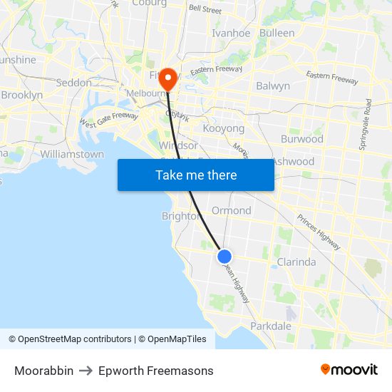 Moorabbin to Epworth Freemasons map