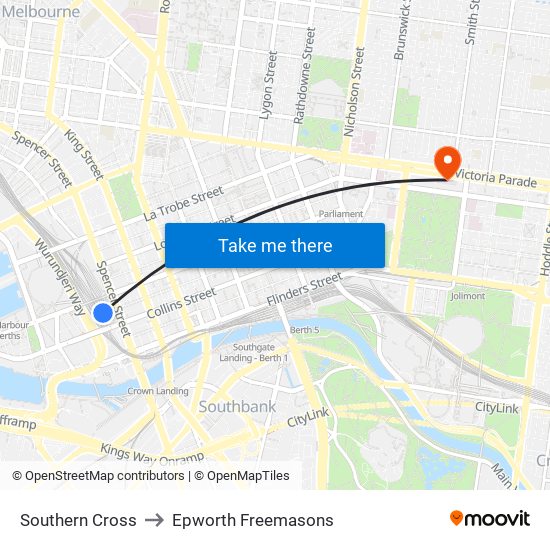 Southern Cross to Epworth Freemasons map