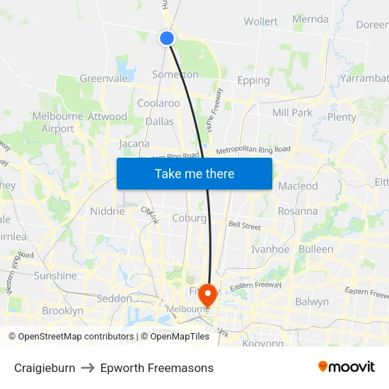 Craigieburn to Epworth Freemasons map