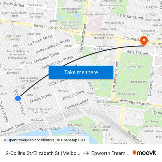 2-Collins St/Elizabeth St (Melbourne City) to Epworth Freemasons map