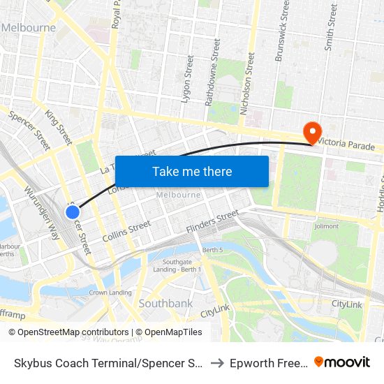 Skybus Coach Terminal/Spencer St (Melbourne City) to Epworth Freemasons map