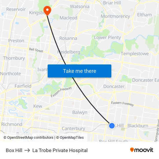 Box Hill to La Trobe Private Hospital map