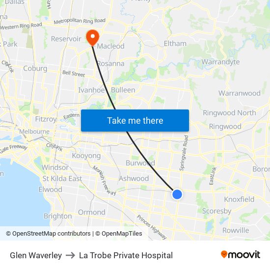 Glen Waverley to La Trobe Private Hospital map