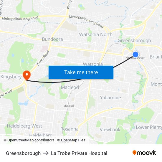 Greensborough to La Trobe Private Hospital map