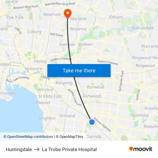 Huntingdale to La Trobe Private Hospital map