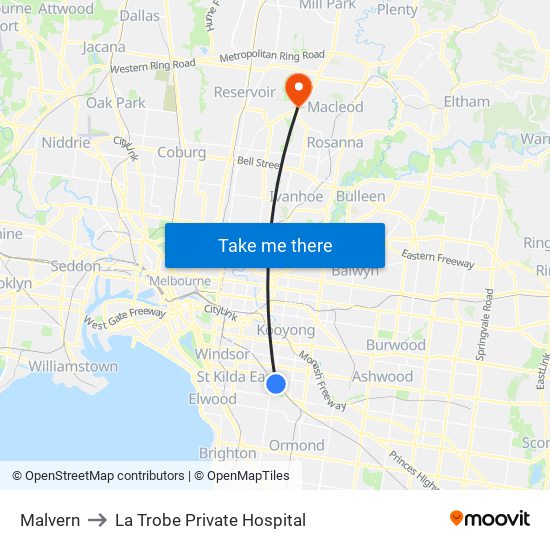 Malvern to La Trobe Private Hospital map