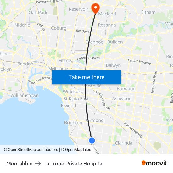 Moorabbin to La Trobe Private Hospital map