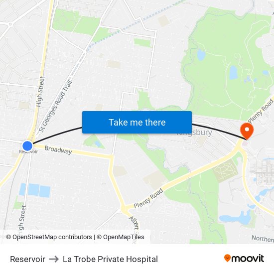 Reservoir to La Trobe Private Hospital map