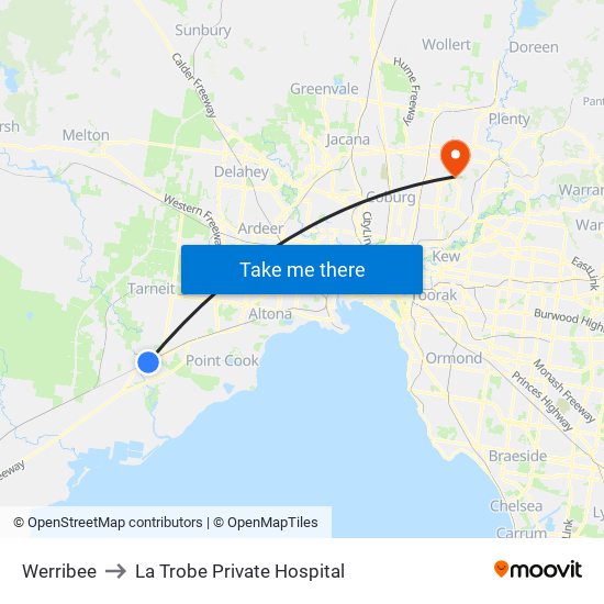 Werribee to La Trobe Private Hospital map