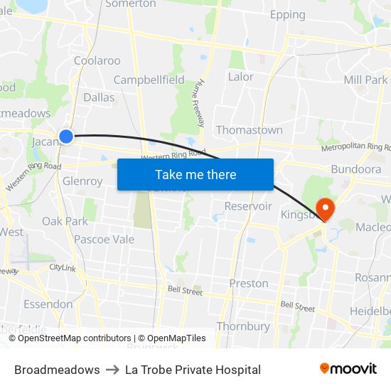 Broadmeadows to La Trobe Private Hospital map