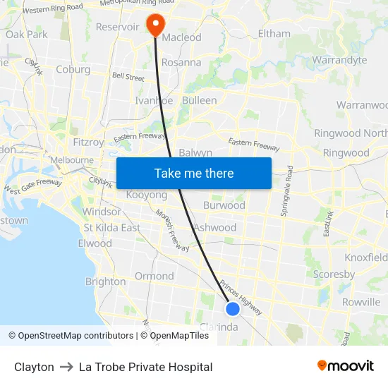 Clayton to La Trobe Private Hospital map