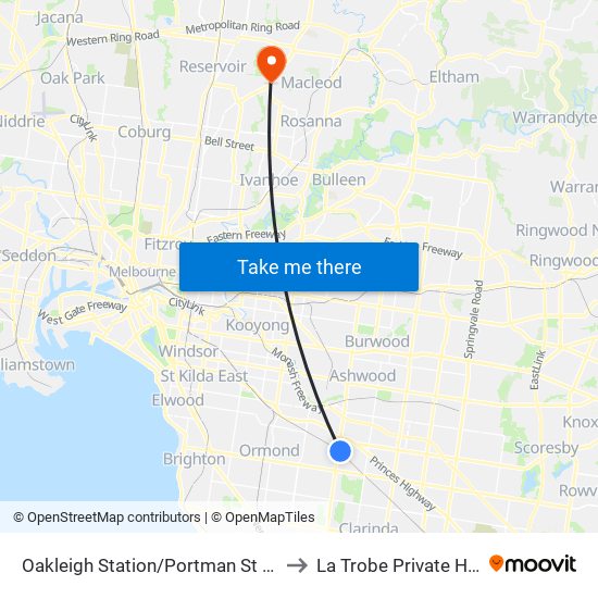 Oakleigh Station/Portman St (Oakleigh) to La Trobe Private Hospital map