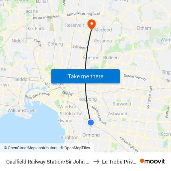 Caulfield Railway Station/Sir John Monash Dr (Caulfield East) to La Trobe Private Hospital map