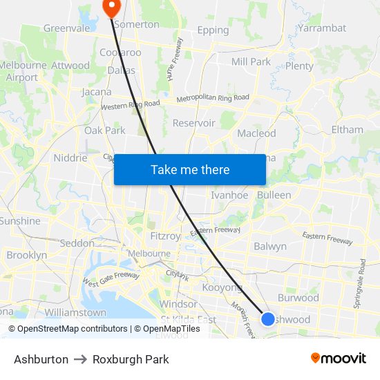 Ashburton to Roxburgh Park map