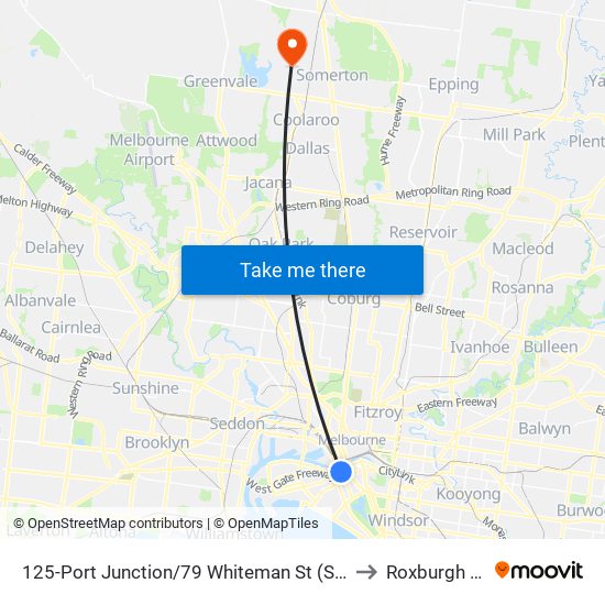 125-Port Junction/79 Whiteman St (Southbank) to Roxburgh Park map