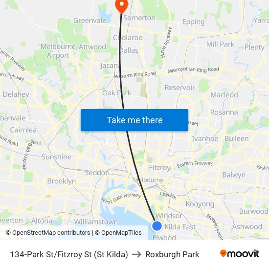 134-Park St/Fitzroy St (St Kilda) to Roxburgh Park map
