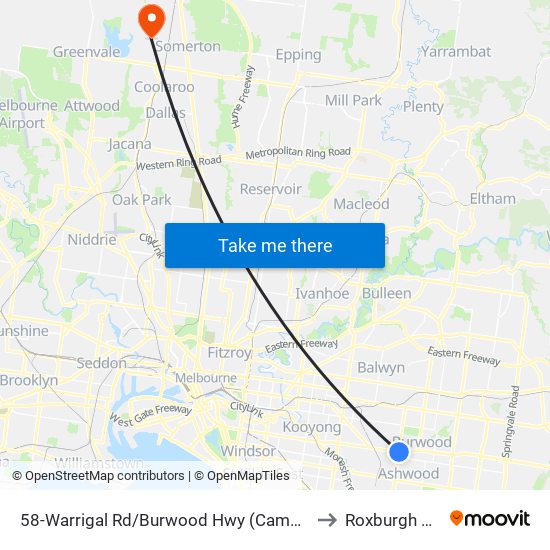 58-Warrigal Rd/Burwood Hwy (Camberwell) to Roxburgh Park map