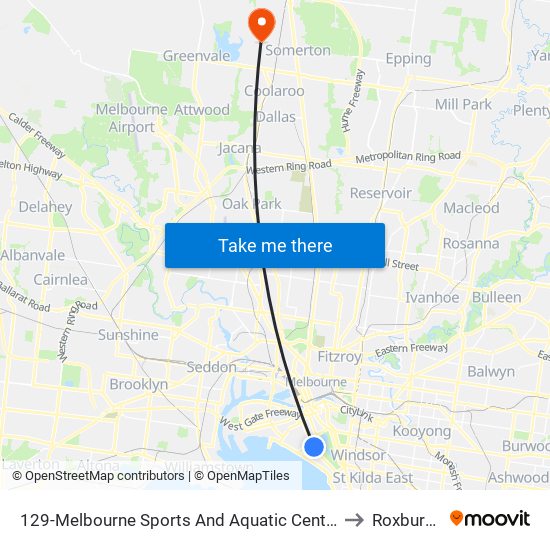 129-Melbourne Sports And Aquatic Centre/Light Rail (Middle Park) to Roxburgh Park map