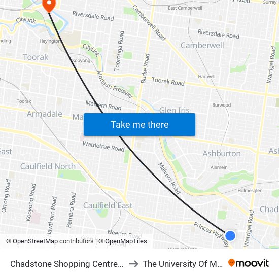 Chadstone Shopping Centre/Eastern Access Rd (Malvern East) to The University Of Melbourne Burnley Campus map