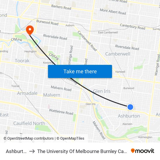 Ashburton to The University Of Melbourne Burnley Campus map
