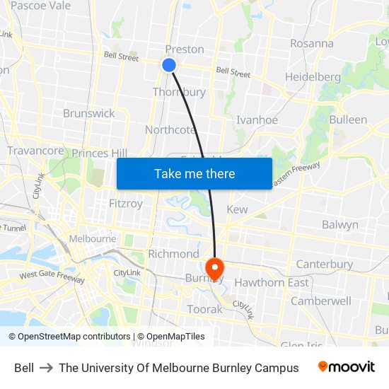 Bell to The University Of Melbourne Burnley Campus map