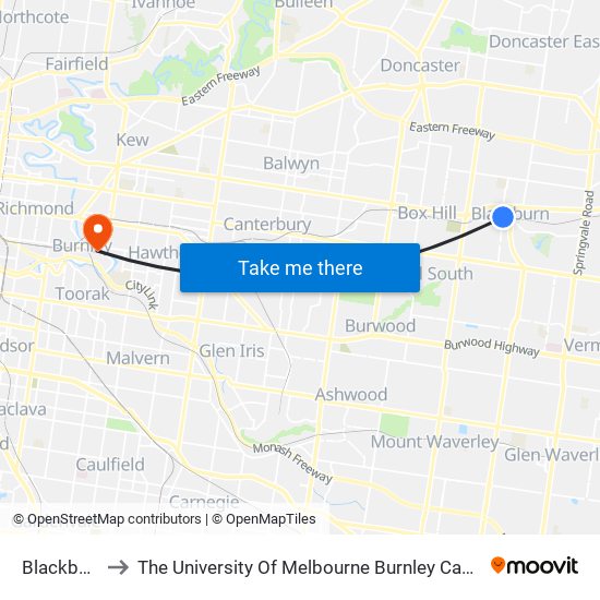 Blackburn to The University Of Melbourne Burnley Campus map