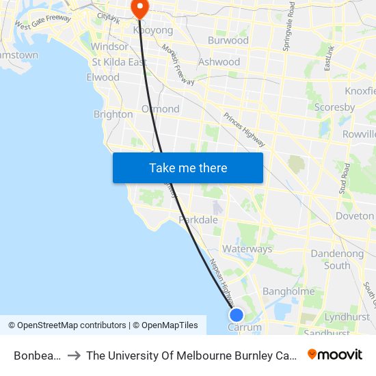 Bonbeach to The University Of Melbourne Burnley Campus map