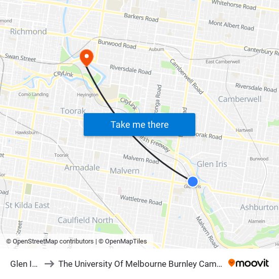 Glen Iris to The University Of Melbourne Burnley Campus map