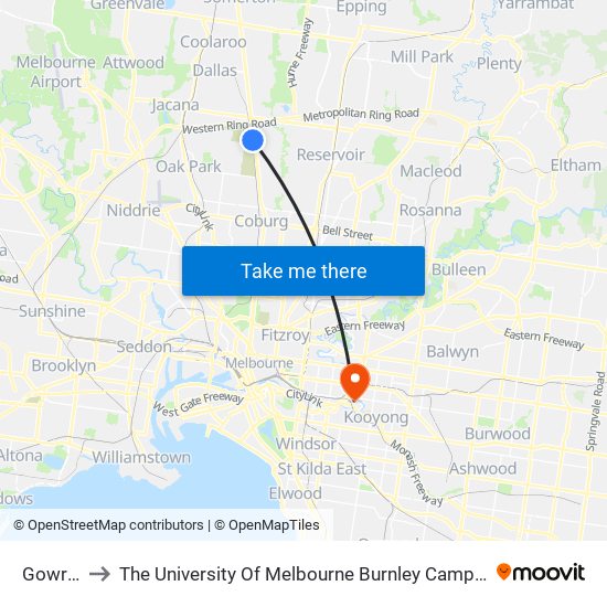 Gowrie to The University Of Melbourne Burnley Campus map