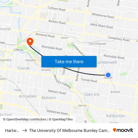 Hartwell to The University Of Melbourne Burnley Campus map