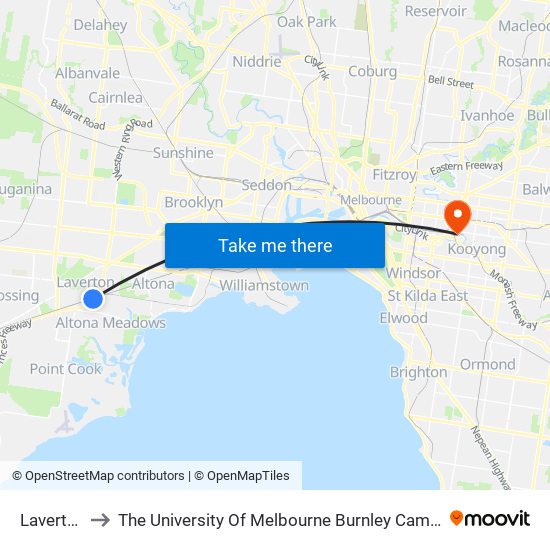Laverton to The University Of Melbourne Burnley Campus map