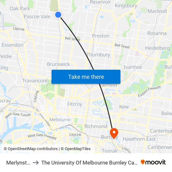 Merlynston to The University Of Melbourne Burnley Campus map