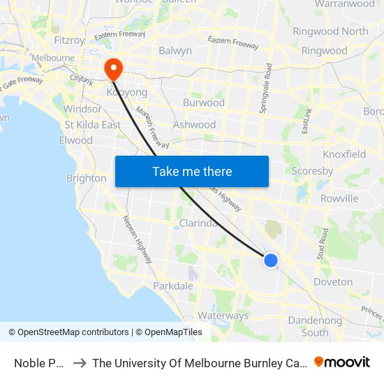 Noble Park to The University Of Melbourne Burnley Campus map