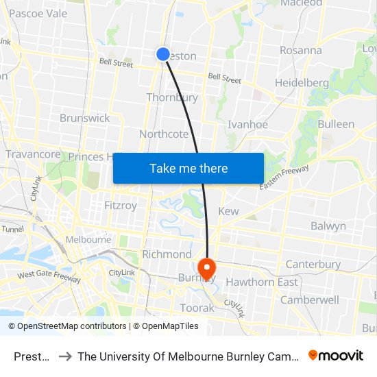 Preston to The University Of Melbourne Burnley Campus map
