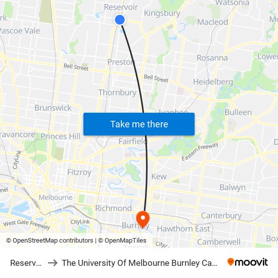 Reservoir to The University Of Melbourne Burnley Campus map