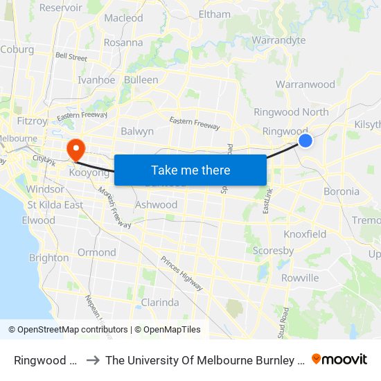 Ringwood East to The University Of Melbourne Burnley Campus map