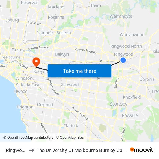 Ringwood to The University Of Melbourne Burnley Campus map