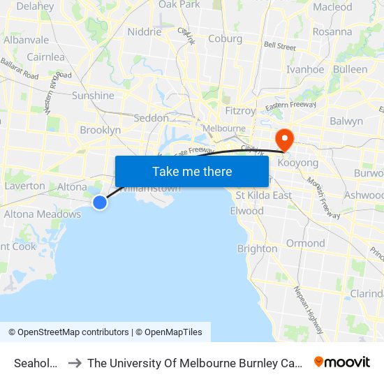 Seaholme to The University Of Melbourne Burnley Campus map