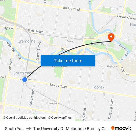 South Yarra to The University Of Melbourne Burnley Campus map
