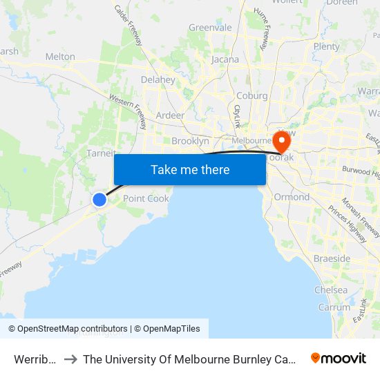 Werribee to The University Of Melbourne Burnley Campus map