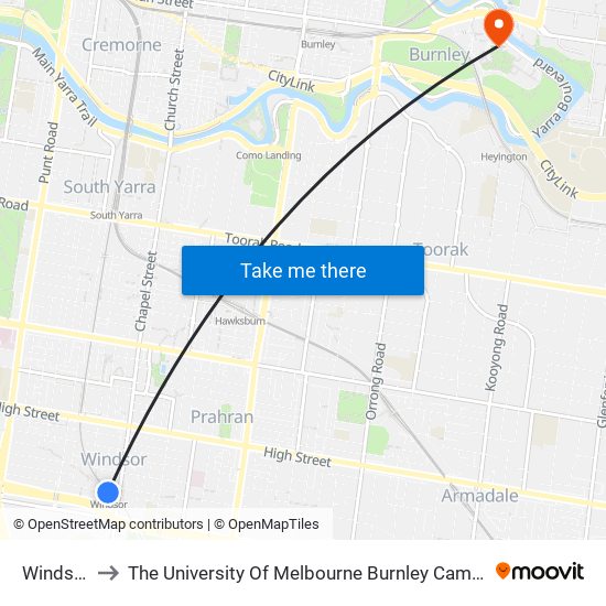 Windsor to The University Of Melbourne Burnley Campus map