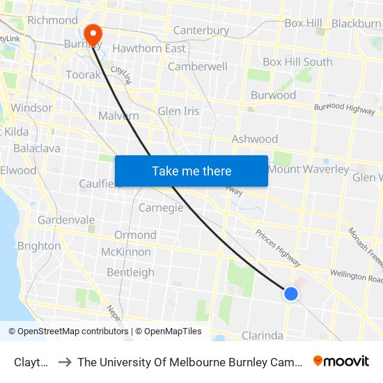 Clayton to The University Of Melbourne Burnley Campus map