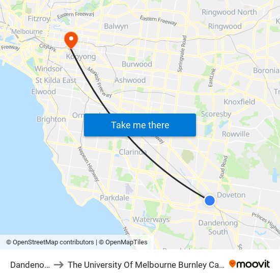 Dandenong to The University Of Melbourne Burnley Campus map