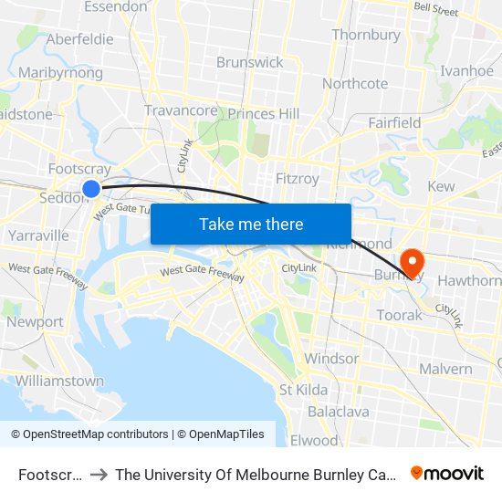 Footscray to The University Of Melbourne Burnley Campus map