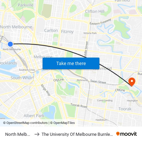 North Melbourne to The University Of Melbourne Burnley Campus map
