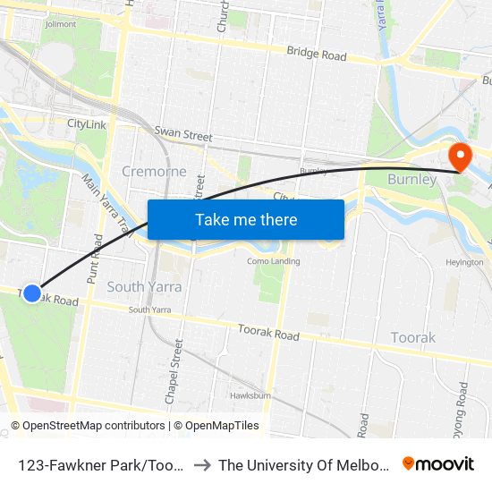 123-Fawkner Park/Toorak Rd (South Yarra) to The University Of Melbourne Burnley Campus map