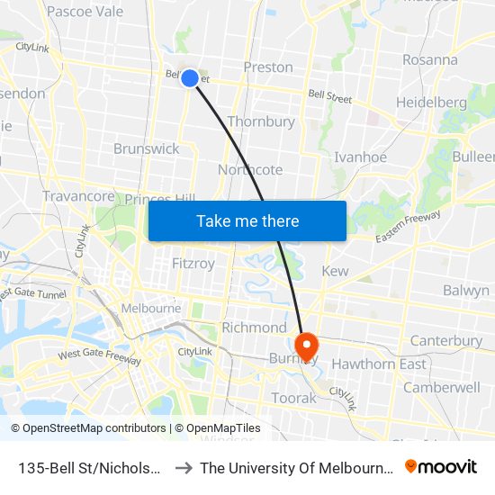 135-Bell St/Nicholson St (Coburg) to The University Of Melbourne Burnley Campus map